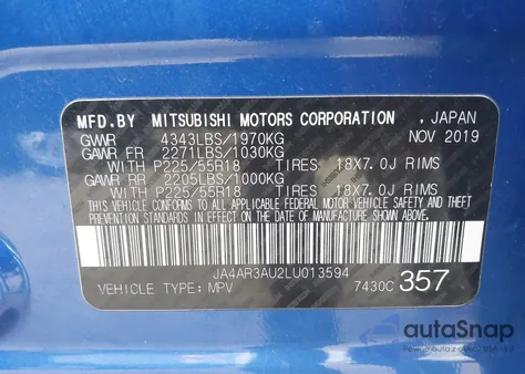 2020 Mitsubishi Outlander Sport 2.0 Sp Awc z USA, uszkodzony, nr VIN JA4AR3AU2LU013594